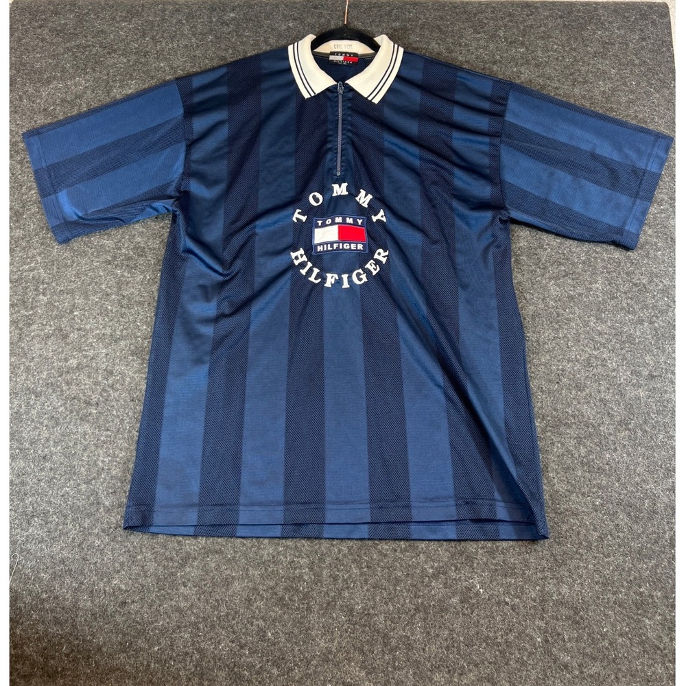 VINTAGE 80s Tommy Hilfiger Mesh Soccer Jersey Mens XL Blue Archive Big Logo Zip